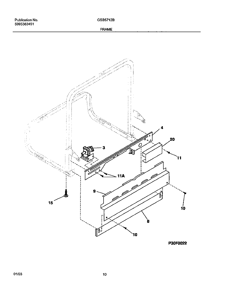 FRAME Diagram and Parts List for GSB5712BC1  Frigidaire Dishwasher