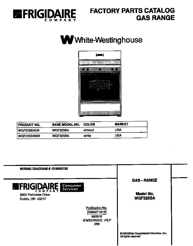 COVER Diagram and Parts List for WGF325BADB  Frigidaire Range
