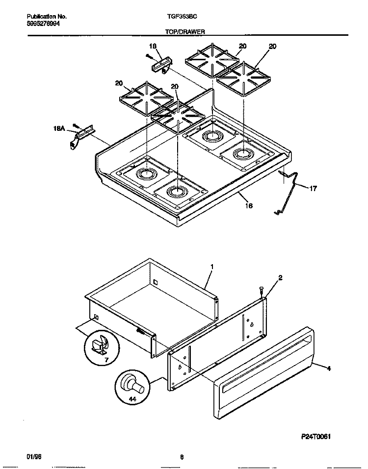 TOP / DRAWER Diagram and Parts List for TGF353BCWB  Tappan Range