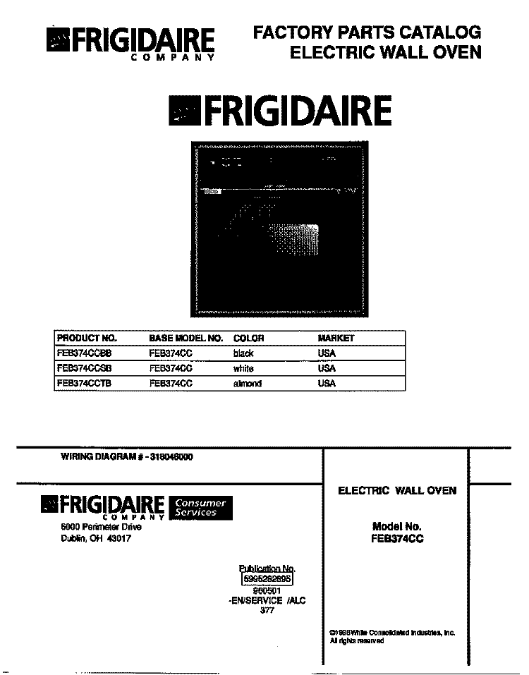 COVER Diagram and Parts List for FEB374CCBB  Frigidaire Wall Oven