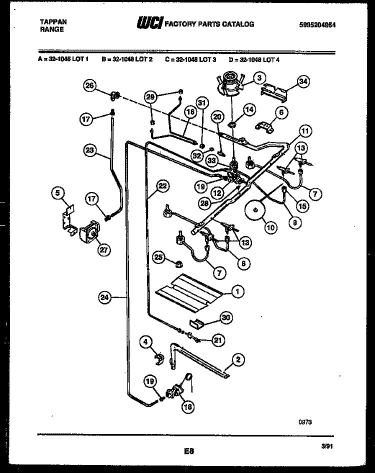 BURNER, MANIFOLD AND GAS CONTROL Diagram and Parts List for 32-1048-00-01  Tappan Range