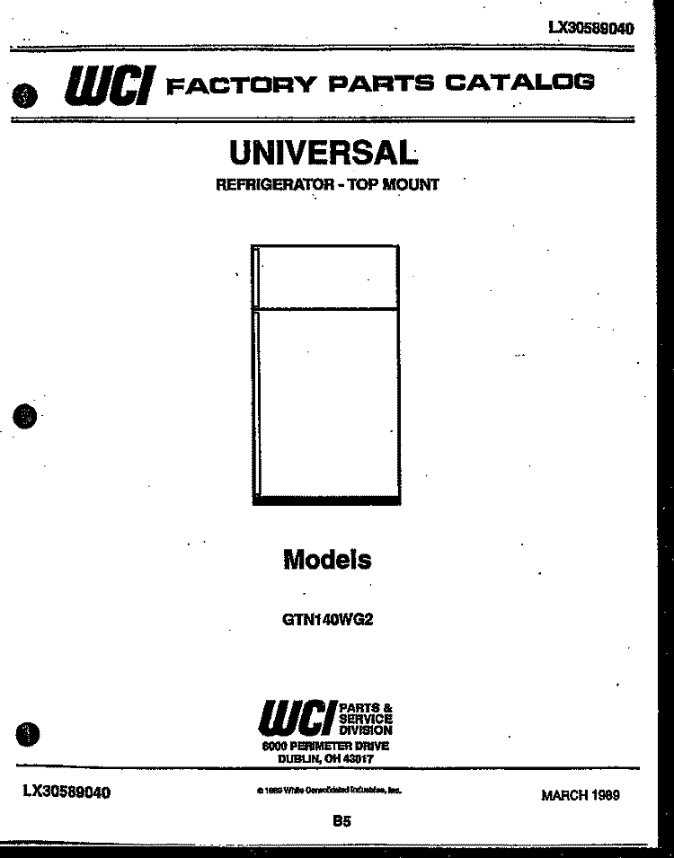 COVER Diagram and Parts List for GTN140WGF2  Uni Refrigerator