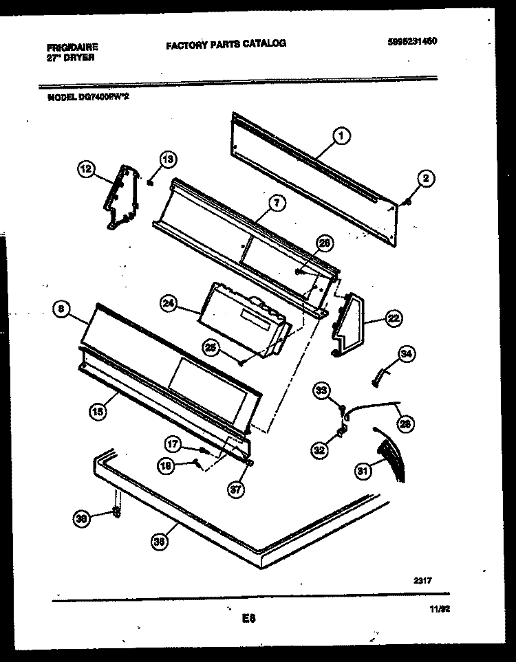 CONSOLE AND CONTROL PARTS Diagram and Parts List for DG7400PW2  Frigidaire Dryer