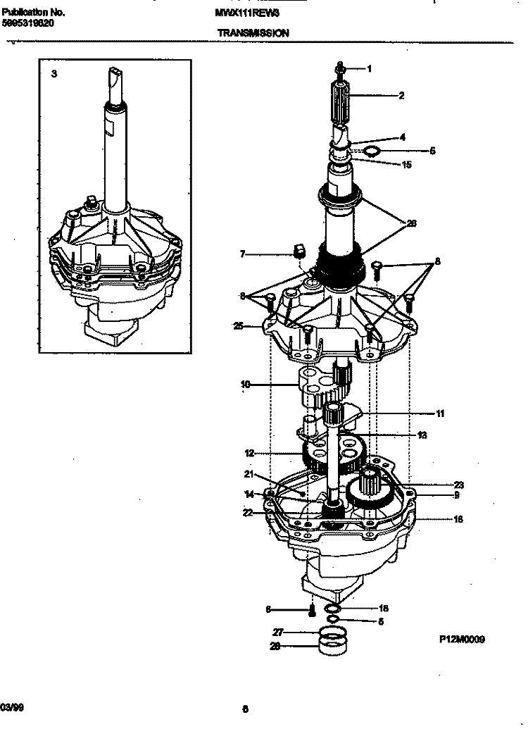 TRANSMISSION Diagram and Parts List for MWX111REW3  Frigidaire Washer