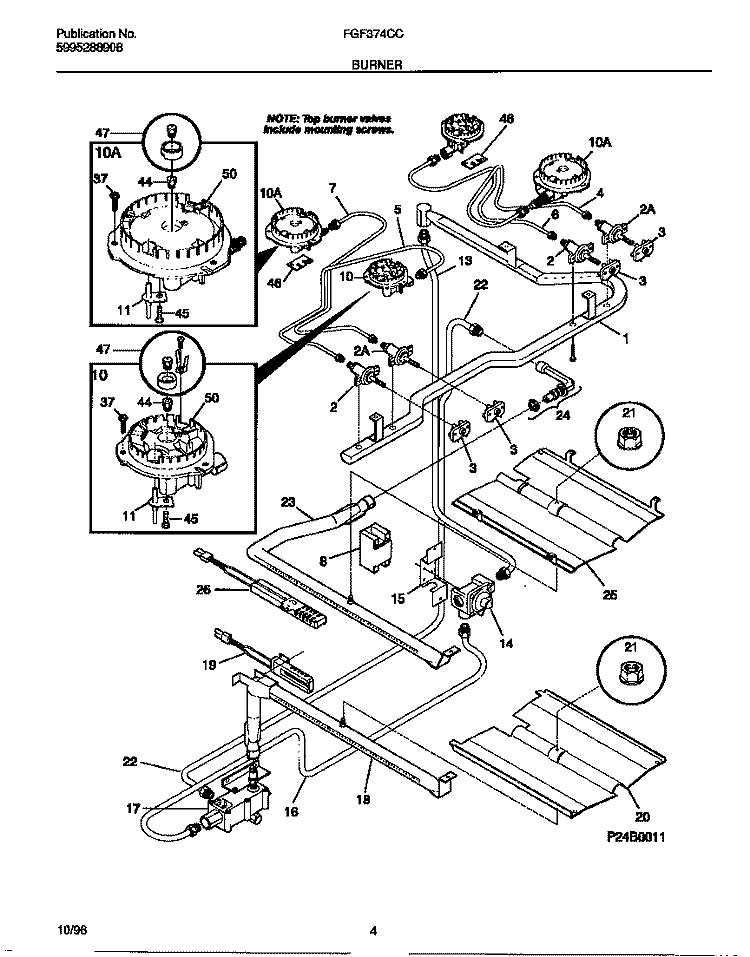 BURNER Diagram and Parts List for FGF374CCSE  Frigidaire Range