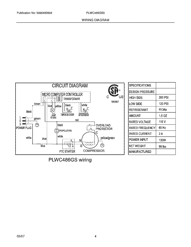 WIRING DIAGRAM Diagram and Parts List for PLWC486GS0  Frigidaire Wine and Beverage Cooler