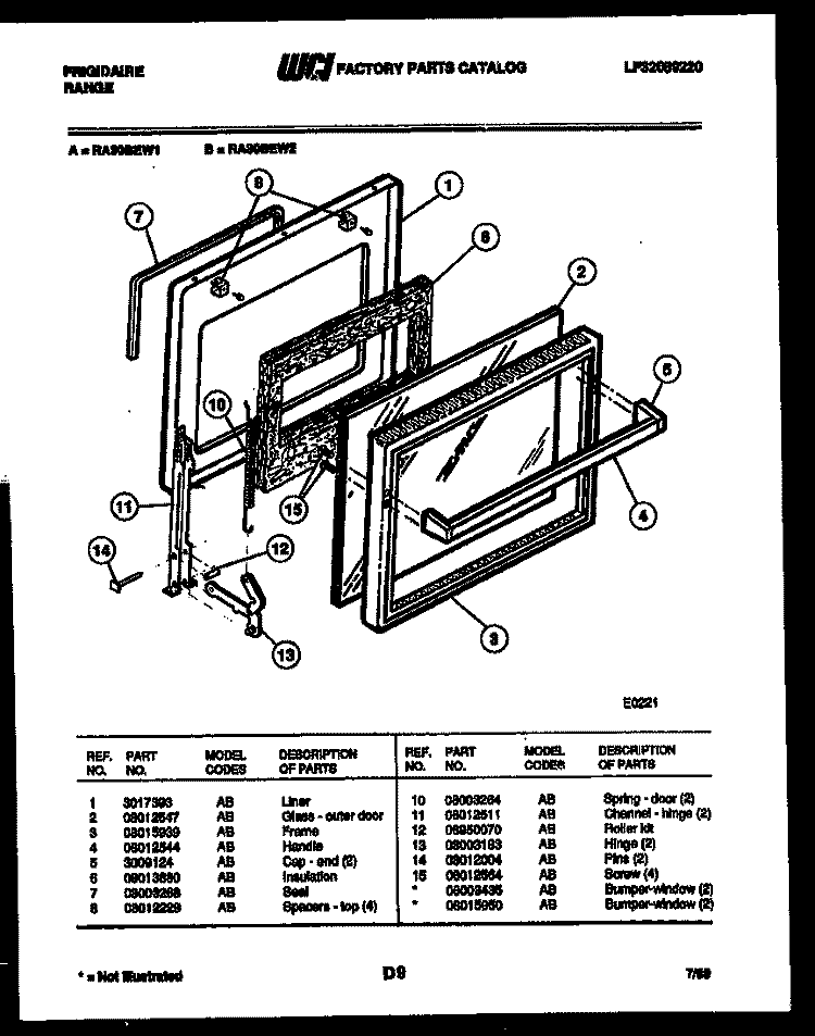 DOOR PARTS Diagram and Parts List for RA30BEL1  Frigidaire Range