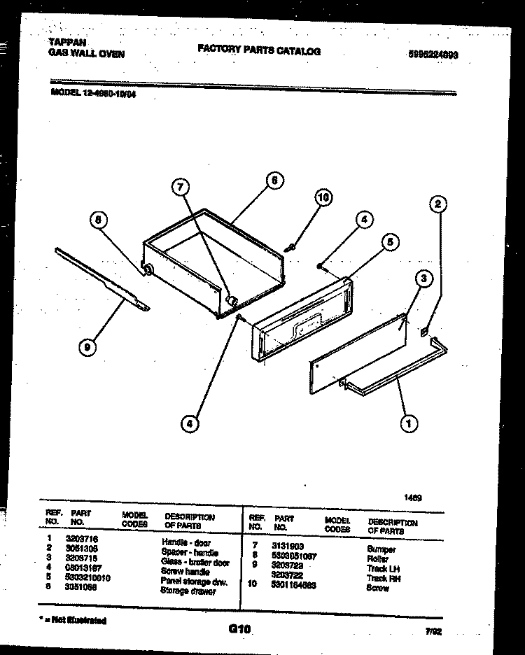 DRAWER PARTS Diagram and Parts List for 12-4980-00-04  Tappan Wall Oven