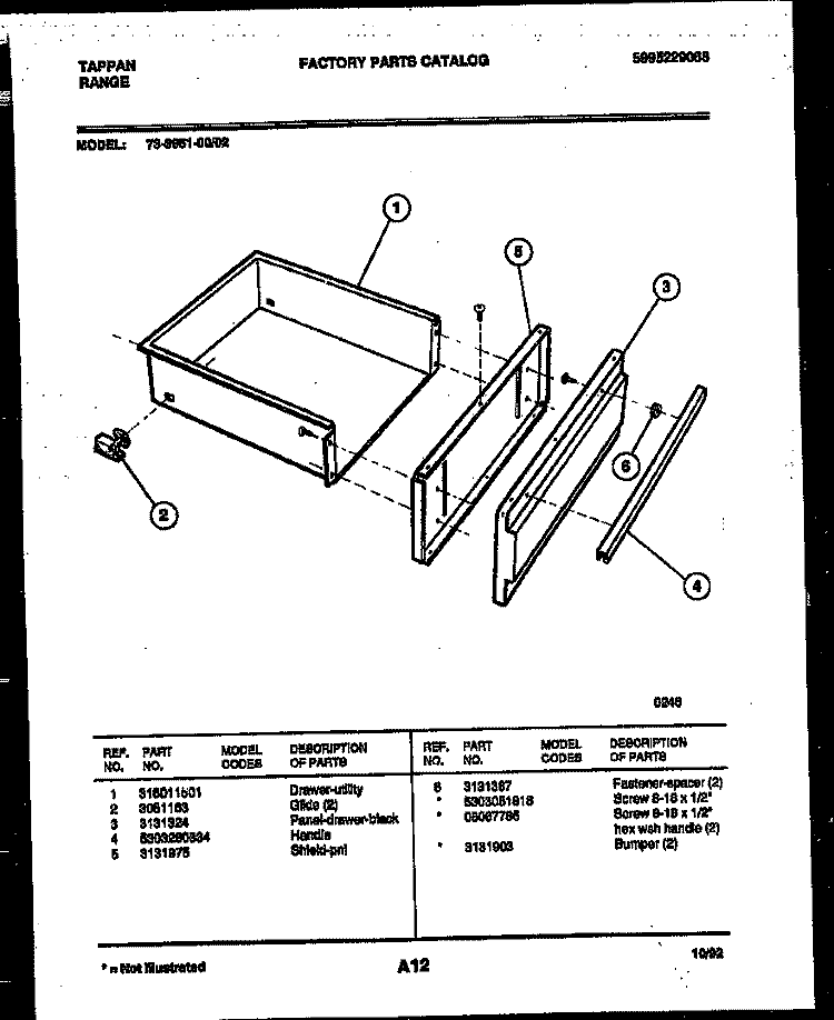 DRAWER PARTS Diagram and Parts List for 73-3951-23-02  Tappan Range