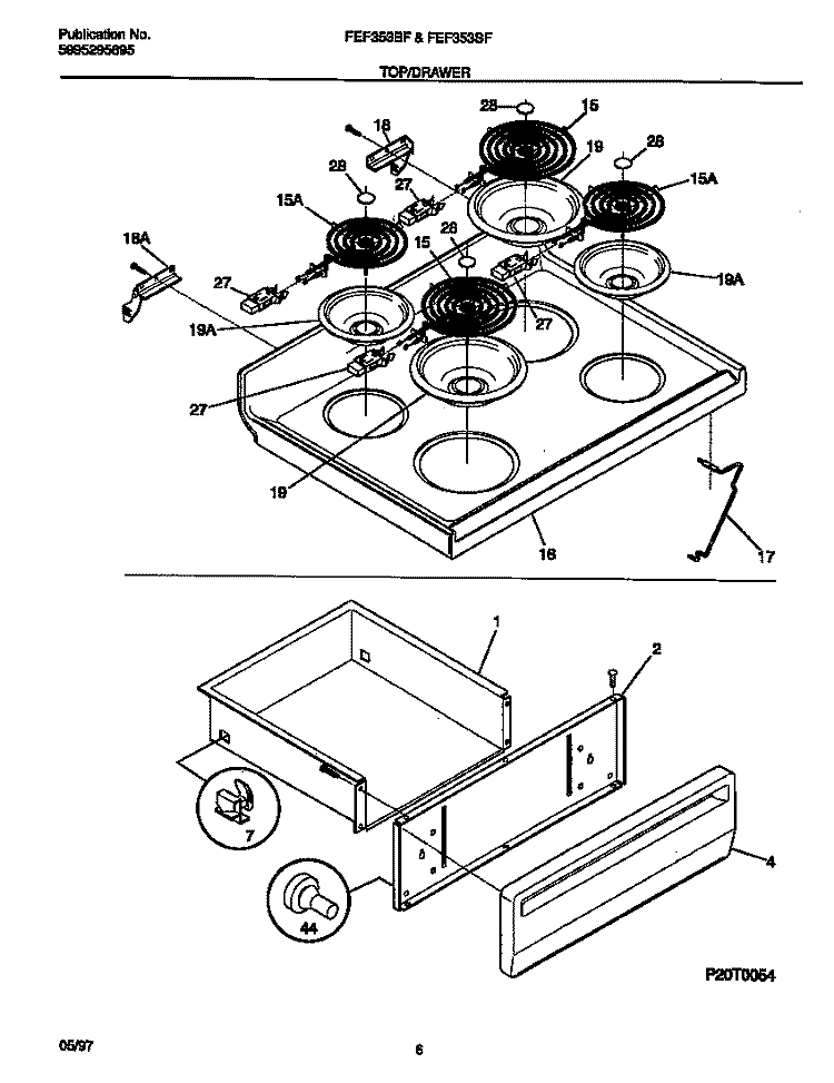 TOP / DRAWER Diagram and Parts List for FEF353SFDA  Frigidaire Range