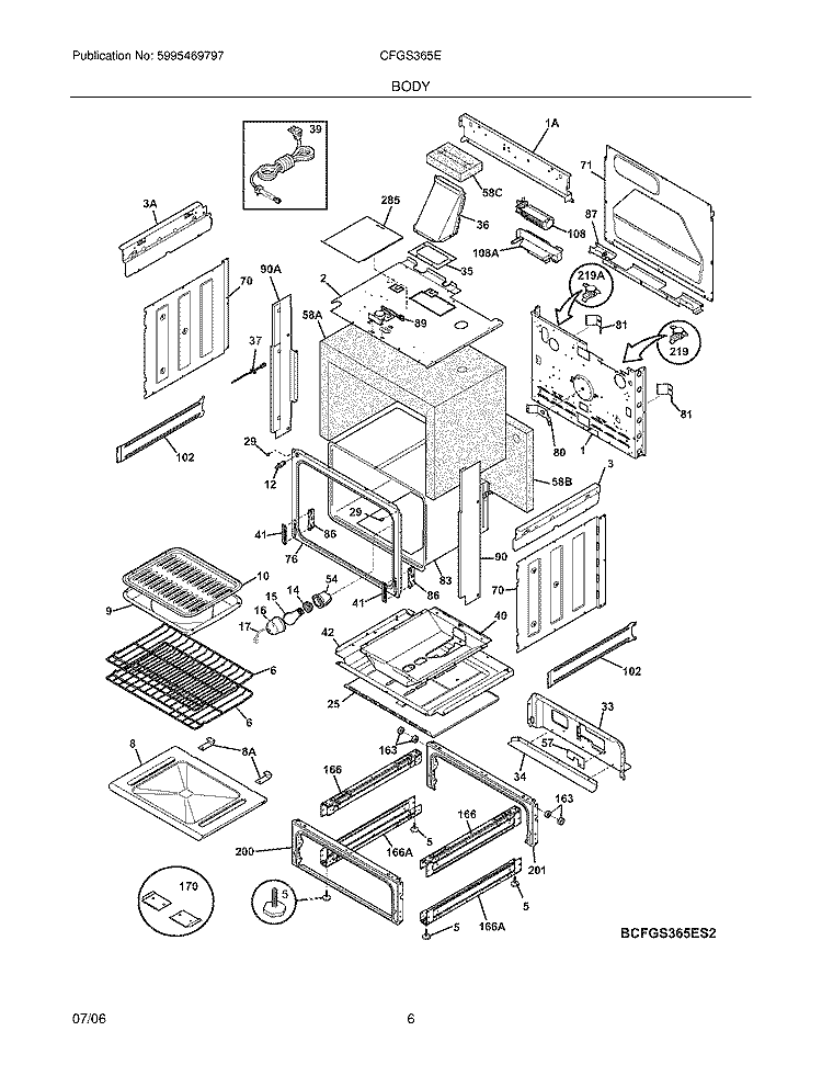 BODY Diagram and Parts List for CFGS365ES3  Frigidaire Range
