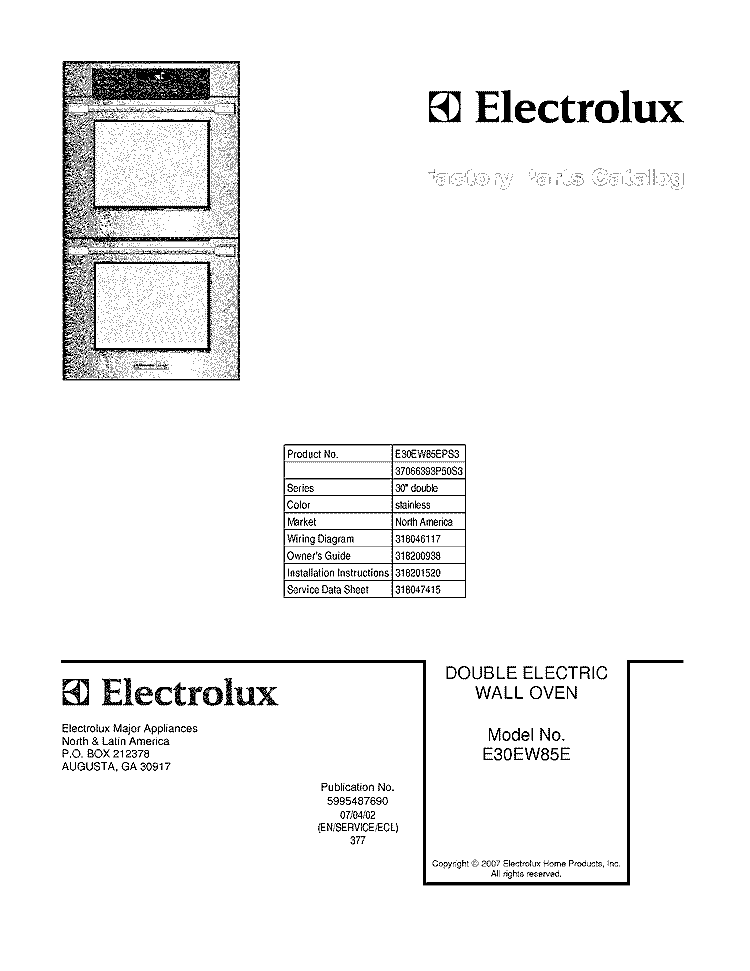 COVER Diagram and Parts List for E30EW85EPS3  Electrolux Wall Oven