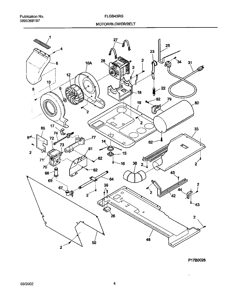 DRY MTR, BELT Diagram and Parts List for FLGB43RGS2  Frigidaire Washer Dryer Combo
