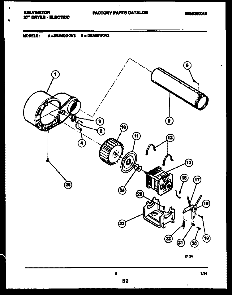 MOTOR AND BLOWER Diagram and Parts List for DEA501KD3  Kelvinator Dryer