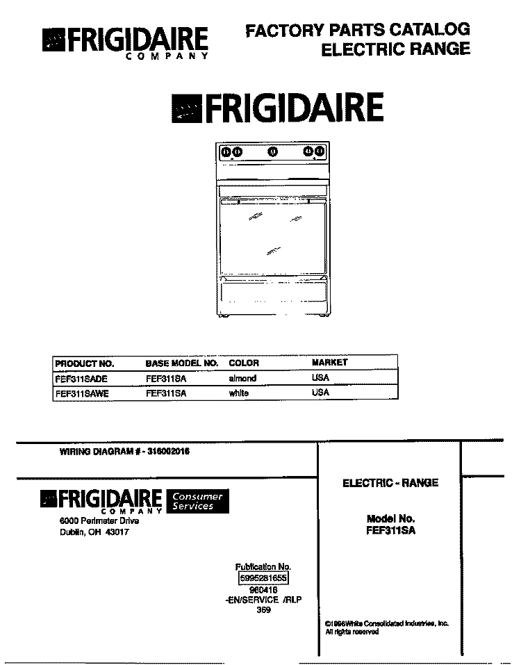 COVER Diagram and Parts List for FEF311SADE  Frigidaire Range