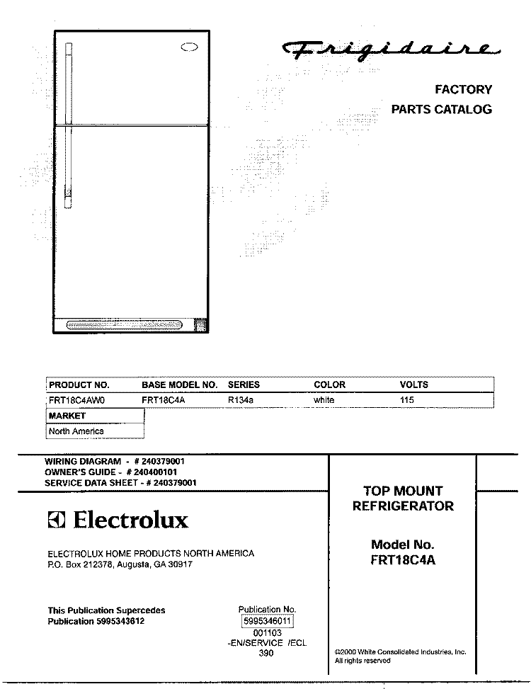 COVER Diagram and Parts List for FRT18C4AW0  Frigidaire Refrigerator