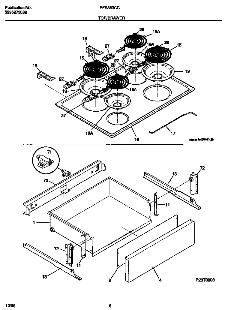 TOP / DRAWER Diagram and Parts List for FES353CCD2  Frigidaire Range