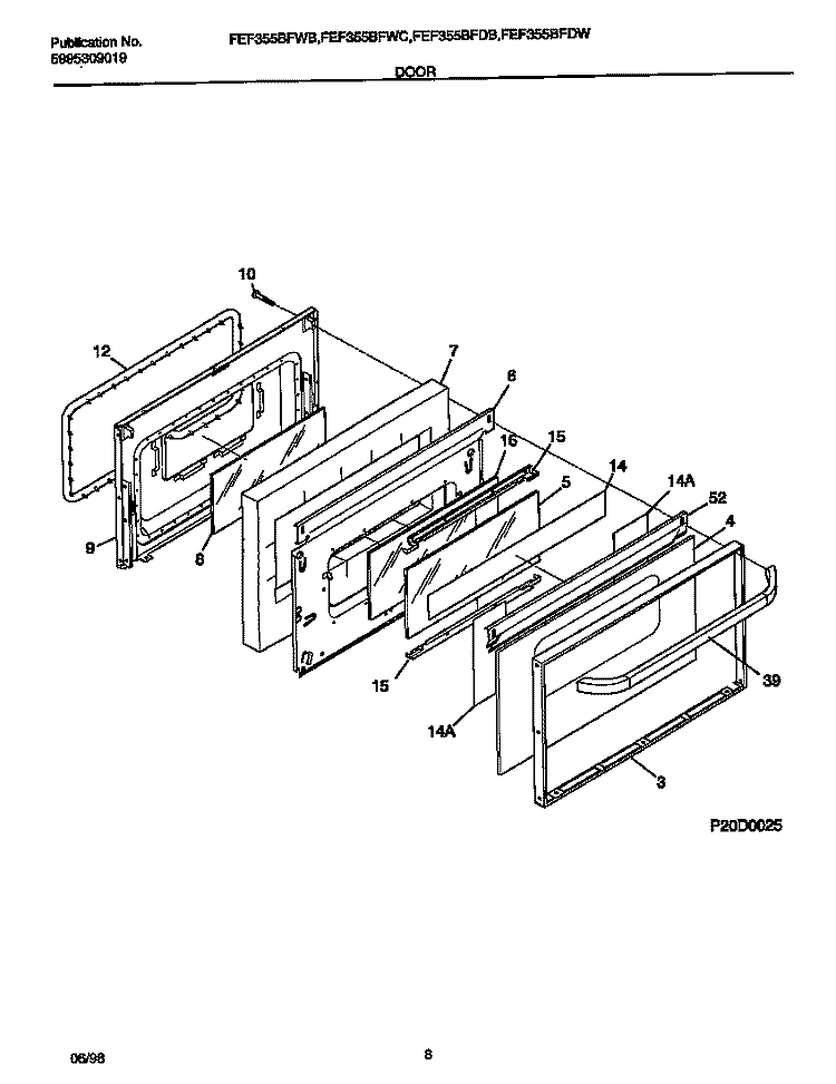 DOOR Diagram and Parts List for FEF355BFDC  Frigidaire Range