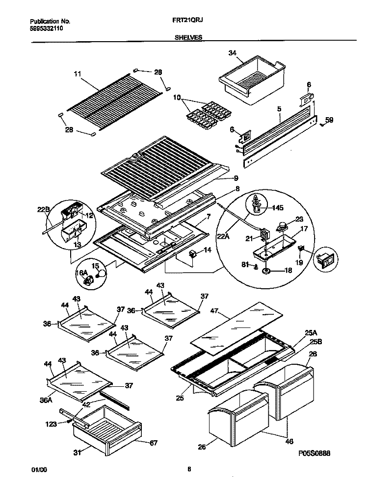 SHELVES Diagram and Parts List for FRT21QRJD0  Frigidaire Refrigerator