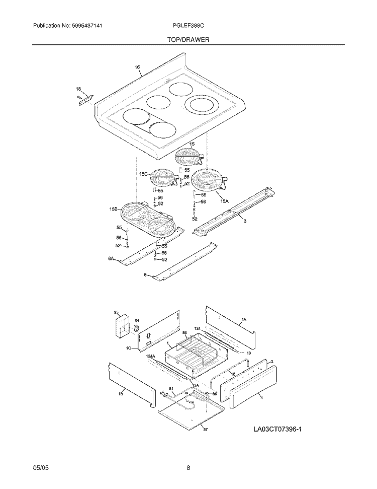TOP / DRAWER Diagram and Parts List for PGLEF388CS4  Frigidaire Wall Oven