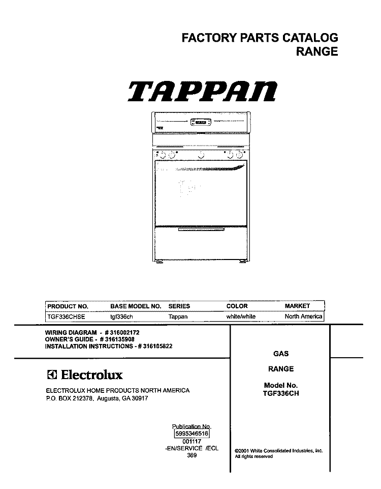 COVER Diagram and Parts List for TGF336CHSE  Tappan Range