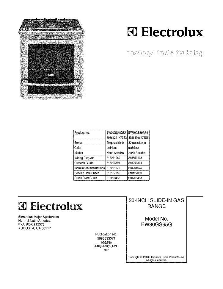 COVER Diagram and Parts List for EW30GS65GS3  Electrolux Range