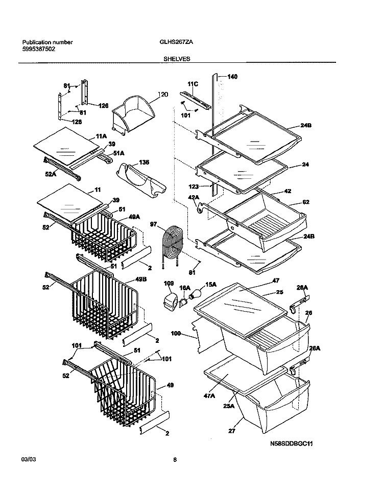 SHELVES Diagram and Parts List for GLHS267ZAB5  Frigidaire Refrigerator