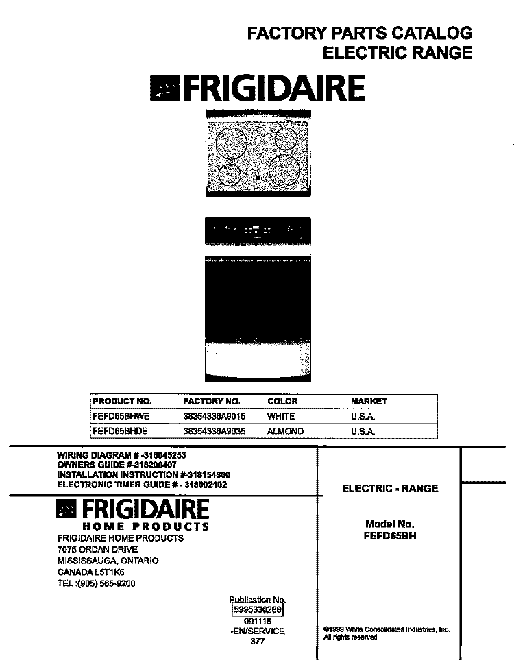 COVER Diagram and Parts List for FEFD65BHDE  Frigidaire Range