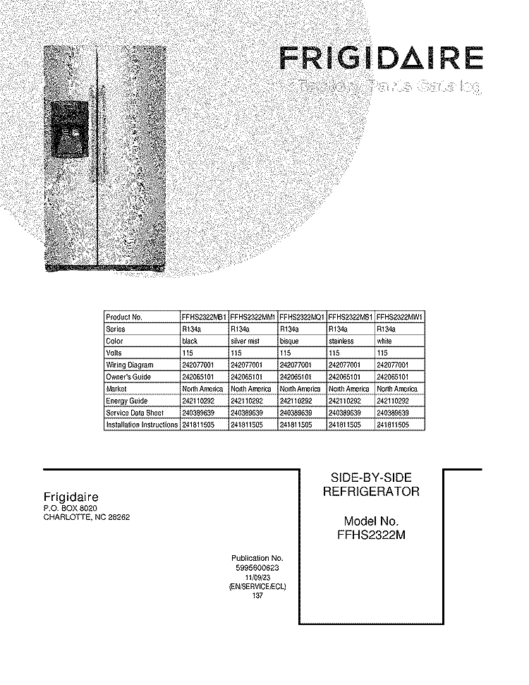 COVER Diagram and Parts List for FFHS2322MB1  Frigidaire Refrigerator