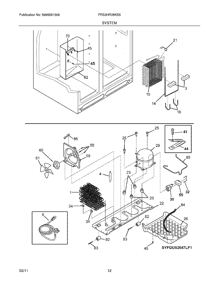 SYSTEM Diagram and Parts List for FRS3HR35KS5  Frigidaire Refrigerator