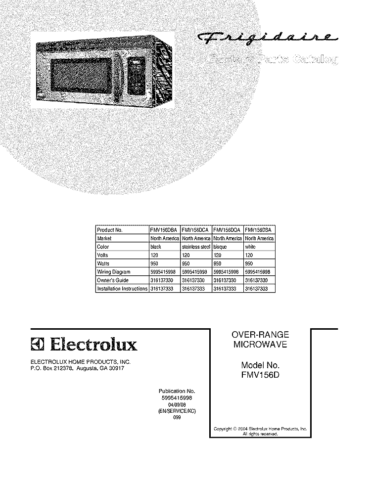 COVER Diagram and Parts List for FMV156DBA  Frigidaire Microwave