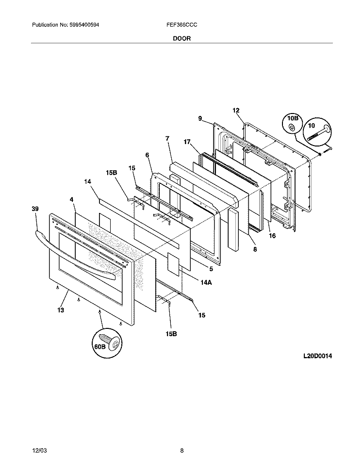 DOOR Diagram and Parts List for FEF366CCC  Frigidaire Range