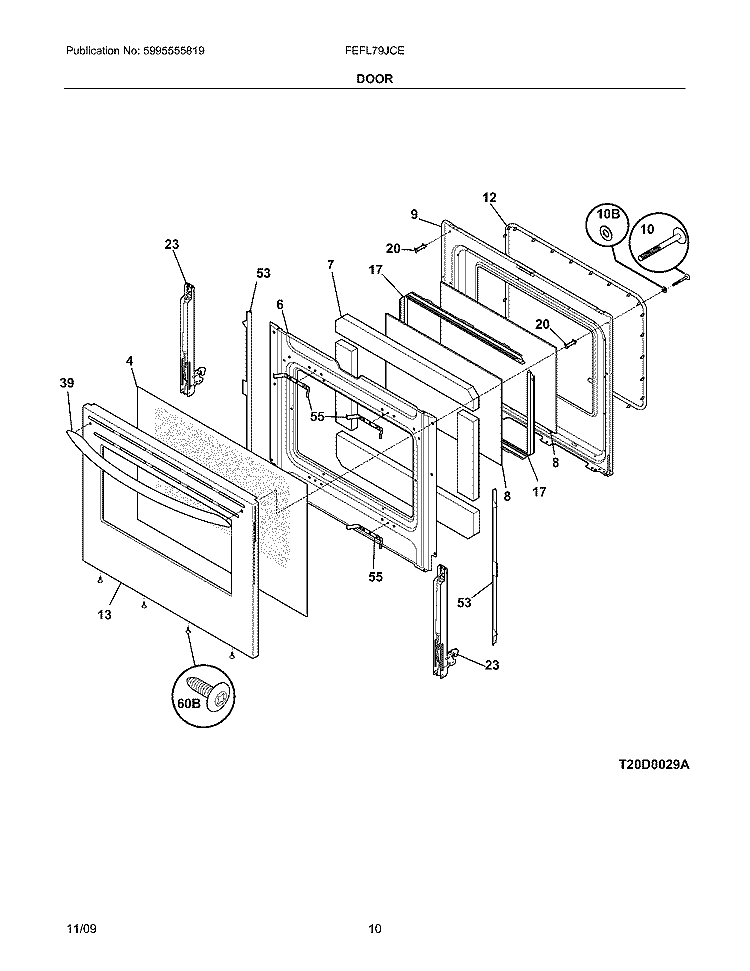 DOOR Diagram and Parts List for FEFL79JCE  Frigidaire Range