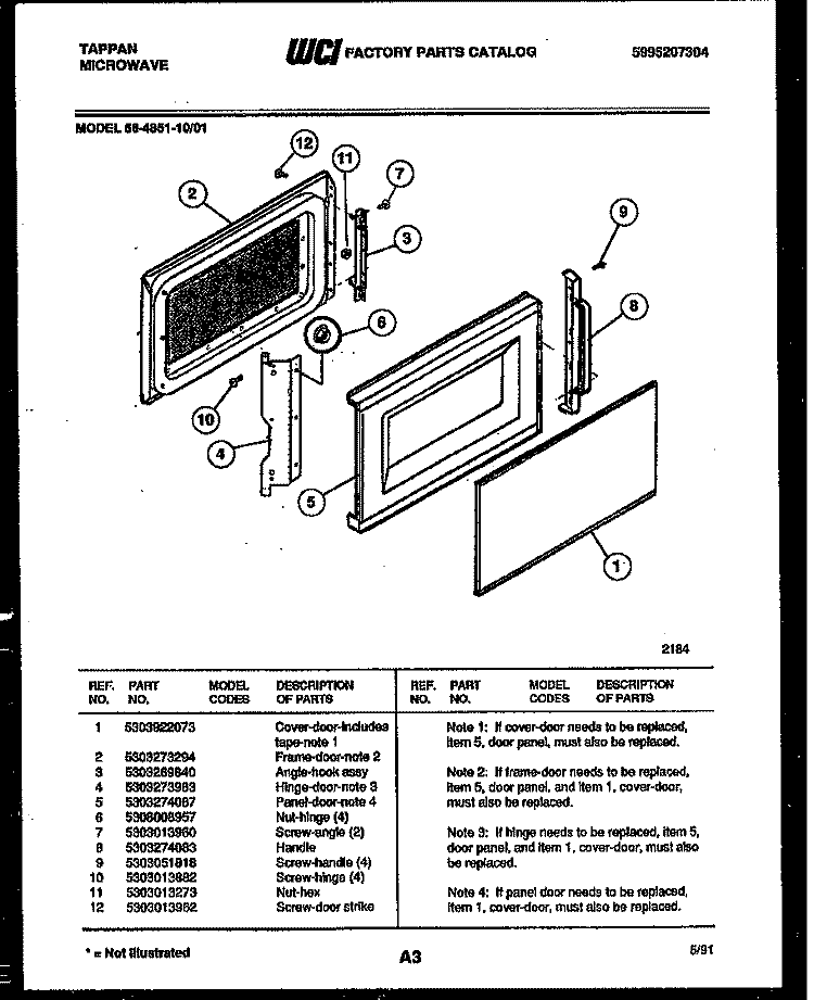 DOOR PARTS Diagram and Parts List for 56-4851-10-01  Tappan Microwave
