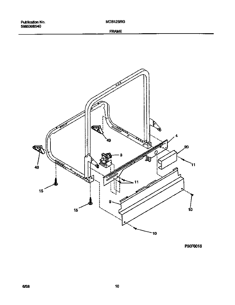 FRAME Diagram and Parts List for MDB125RGR0  Frigidaire Dishwasher