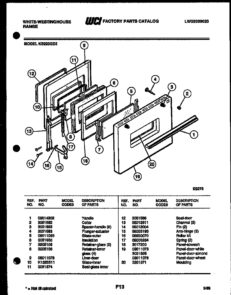 DOOR PARTS Diagram and Parts List for KS220GD2  Frigidaire Range