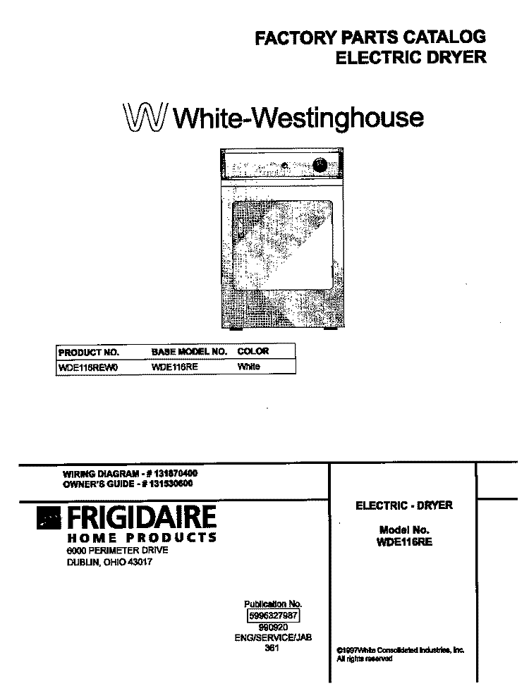 COVER Diagram and Parts List for WDE116REW0  Frigidaire Dryer