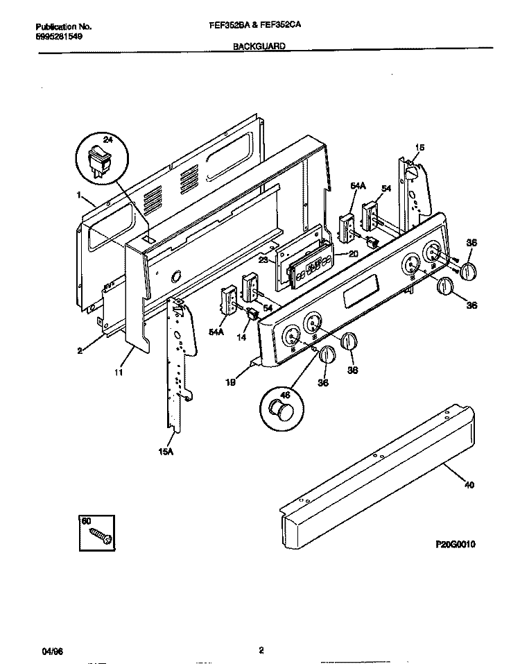 BACKGUARD Diagram and Parts List for FEF352CASE  Frigidaire Range