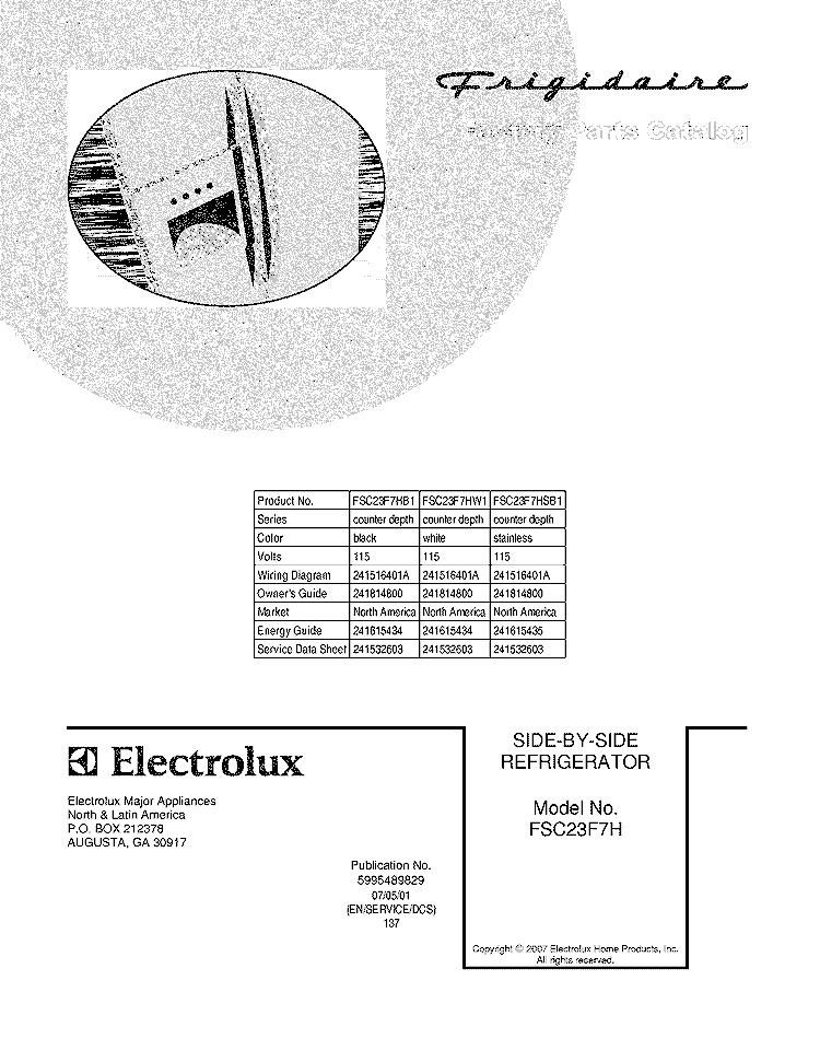 COVER Diagram and Parts List for FSC23F7HB1  Frigidaire Refrigerator