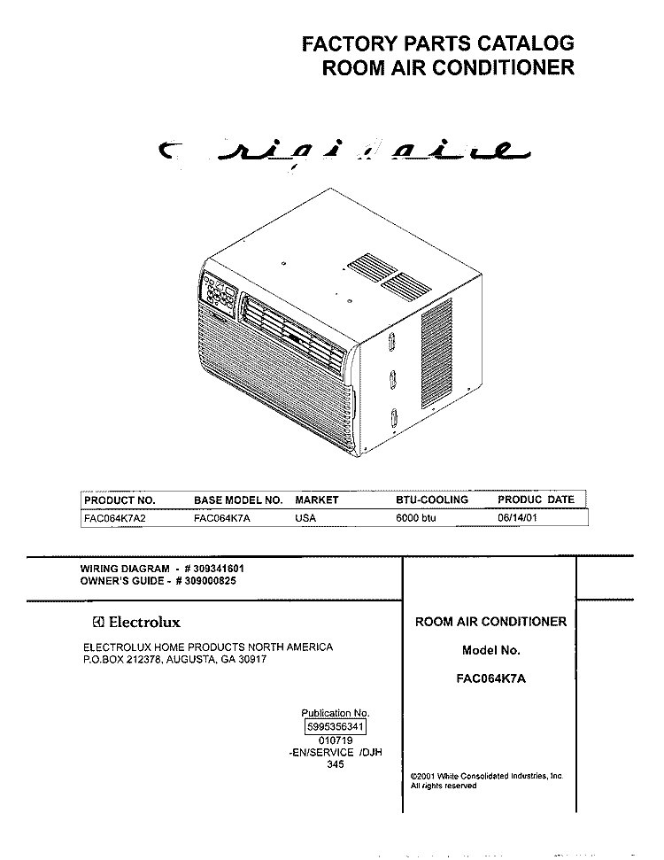 COVER Diagram and Parts List for FAC064K7A2  Frigidaire Air Conditioner