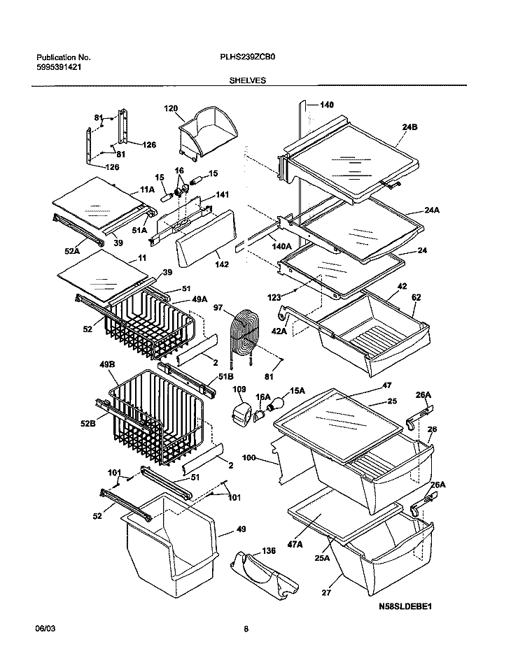 SHELVES Diagram and Parts List for PLHS239ZCB0  Frigidaire Refrigerator