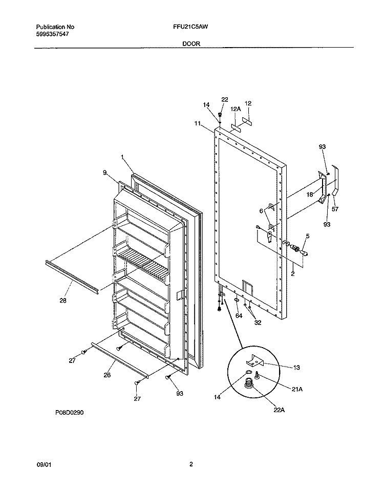 DOOR Diagram and Parts List for FFU21C5AW0  Frigidaire Freezer