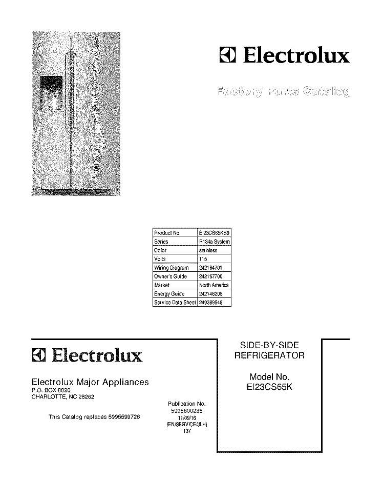COVER Diagram and Parts List for EI23CS65KS0  Electrolux Refrigerator