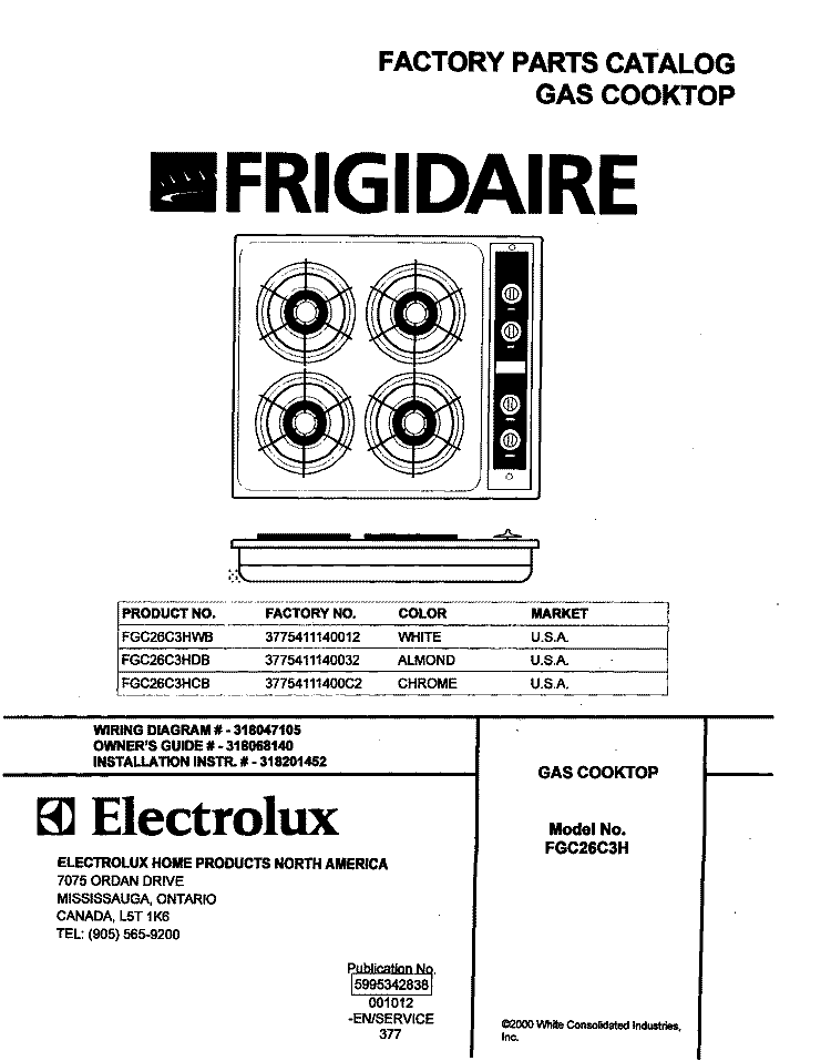 COVER Diagram and Parts List for FGC26C3HDB  Frigidaire Cooktop