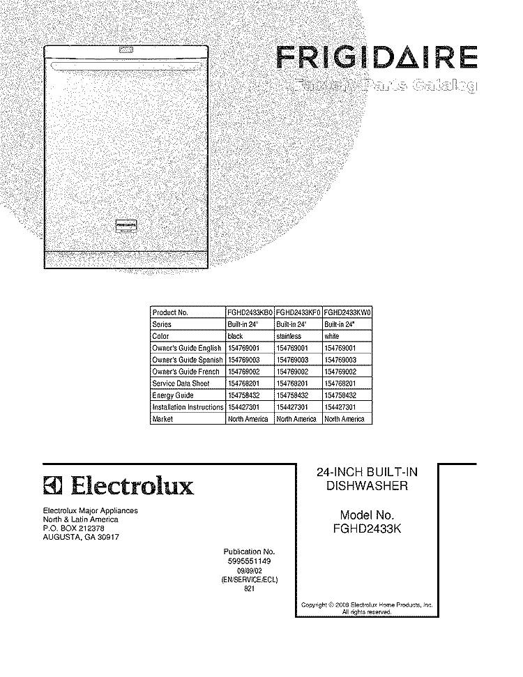 COVER Diagram and Parts List for FGHD2433KF0  Frigidaire Dishwasher