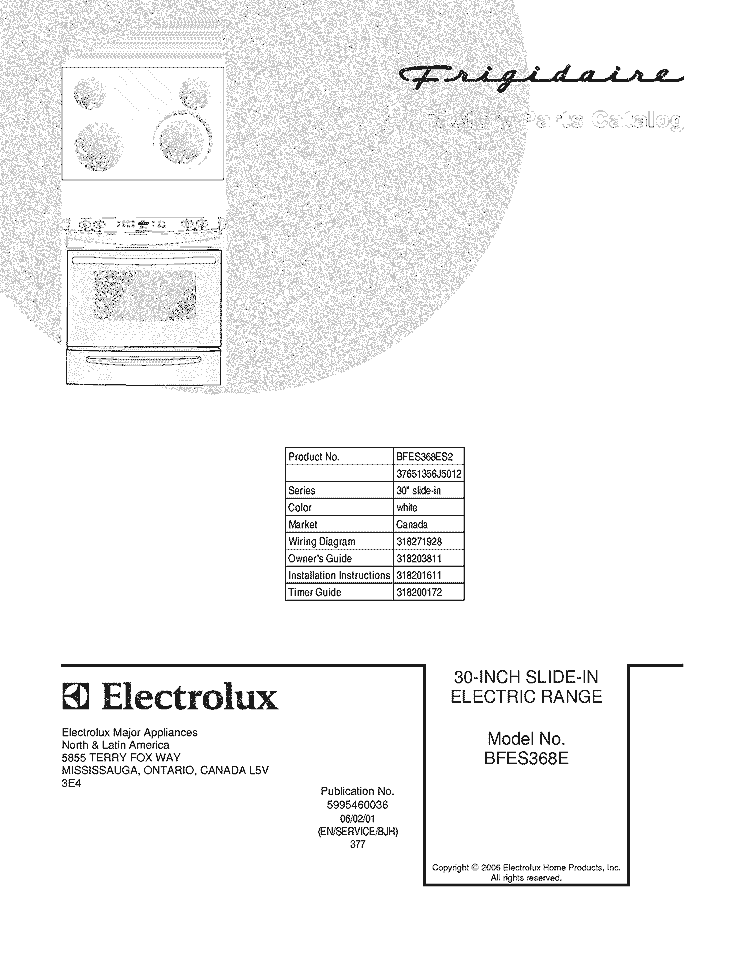 COVER Diagram and Parts List for BFES368ES2  Frigidaire Range