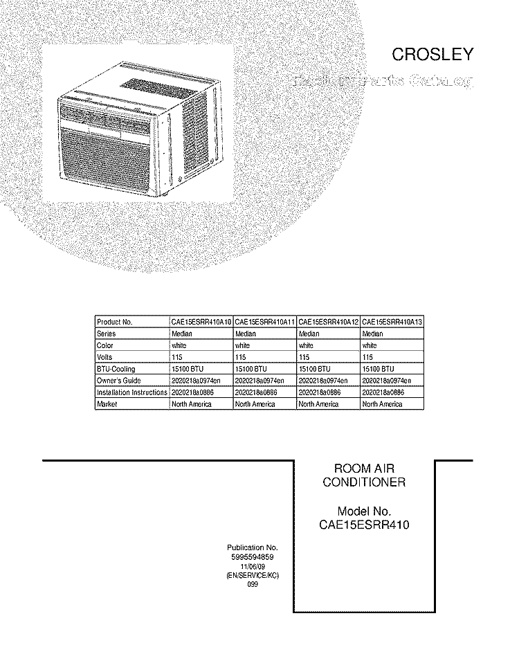 COVER Diagram and Parts List for CAE15ESRR410A10  Crosley Air Conditioner