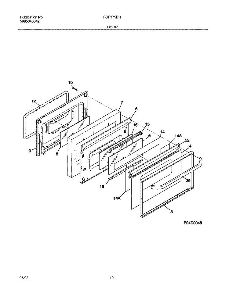 DOOR Diagram and Parts List for FGF375BHBB  Frigidaire Range