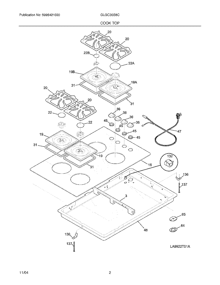 MAINTOP Diagram and Parts List for GLGC30S8CQB  Frigidaire Cooktop