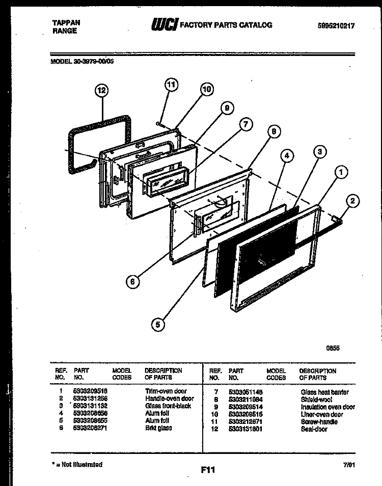 DOOR PARTS Diagram and Parts List for 30-3979-00-05  Tappan Range